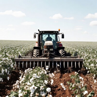 Farmer driving tractor in cotton field