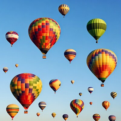 Colorful hot air balloons in blue sky