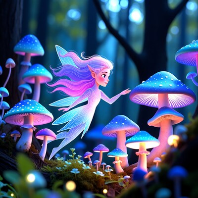 Fairy touching mushrooms in forest