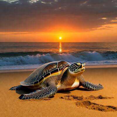 Sea Turtle on Beach at Sunset
