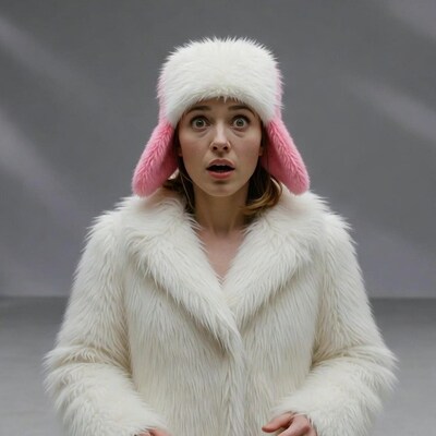 Woman in white fur hat surprised expression
