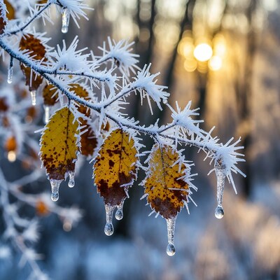 Frosty autumn leaves with icicles on branch