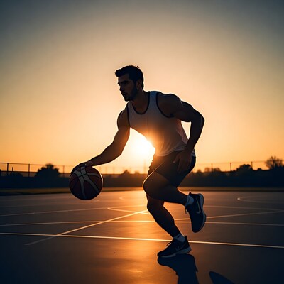 Man dribbling basketball at sunset