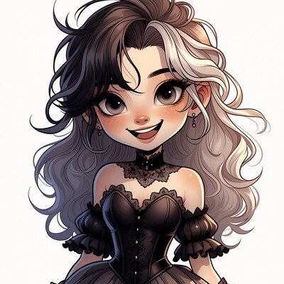 Smiling anime girl in black lace dress