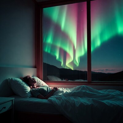 Woman sleeping viewing northern lights
