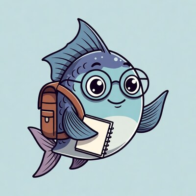 Cartoon fish with backpack and notebook