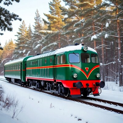 Green train in snowy forest