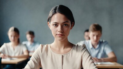 Female teacher in classroom with students