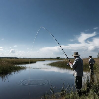 Man casting fishing rod by lake
