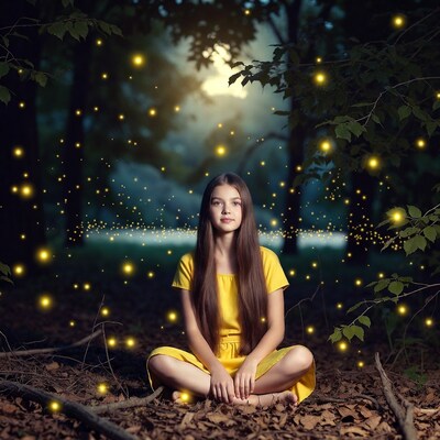 Girl sitting in enchanted forest with fireflies
