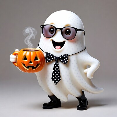 Cartoon ghost holding pumpkin coffee mug