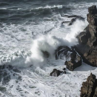Crashing waves against rocky coast