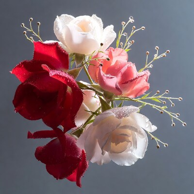 Red Pink White Roses with Dewdrops