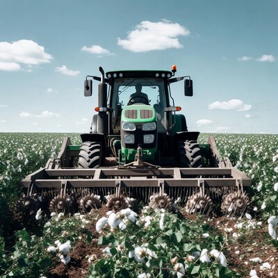 Green Tractor Harvesting Cotton Field