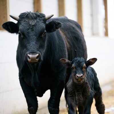 Black cow with calf in barn