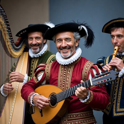 Renaissance musicians playing harp lute recorder