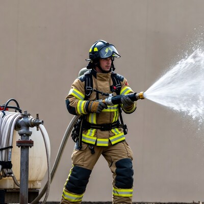 Firefighter spraying water hose