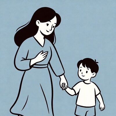 Mother holding son's hand illustration
