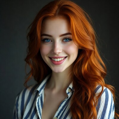 Smiling woman with red hair blue eyes