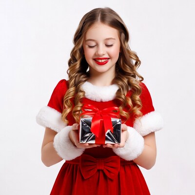 Girl holding red Santa dress gift
