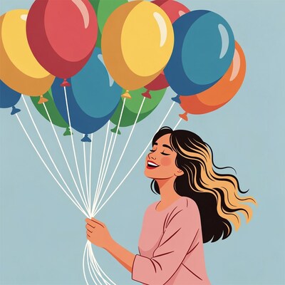 Woman holding colorful balloons illustration