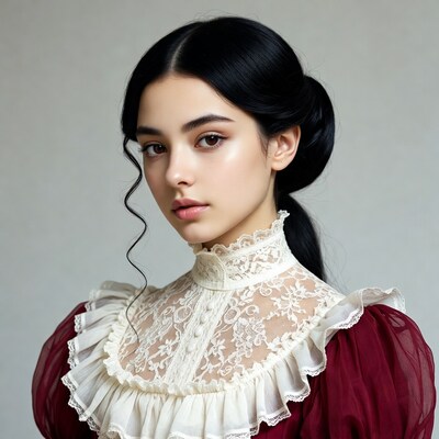 Woman in Victorian lace collar dress