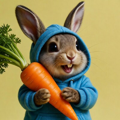 Cute bunny holding carrot in hoodie