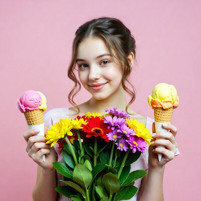 Girl holding ice cream cones and flowers