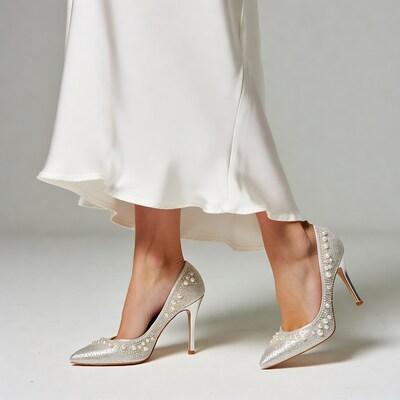 Woman's pearl-embellished stilettos with dress