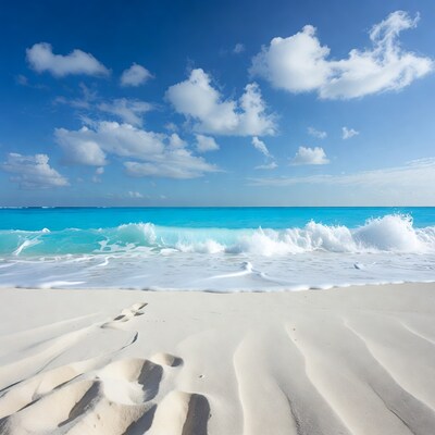 Footprints in white sand by turquoise ocean