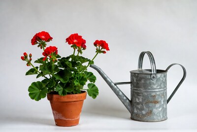 Red Geranium Plant with Watering Can
