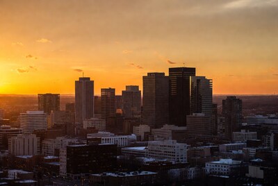 City skyline at sunset with snow