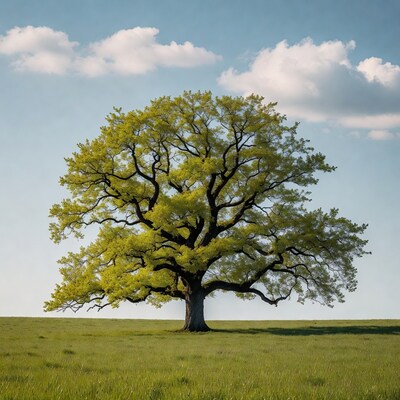 Lone green tree in grassy field