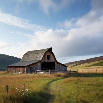 Old wooden barn in grassy field
