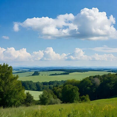 Green rolling hills under blue sky