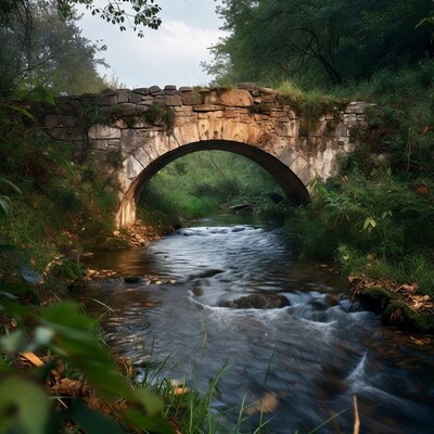 Stone arch bridge over forest stream