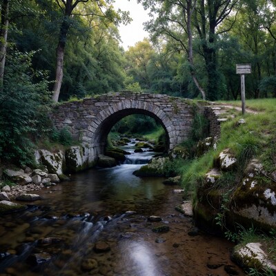 Stone Arch Bridge over Forest Stream