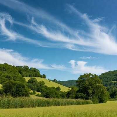 Green hills with cirrus clouds