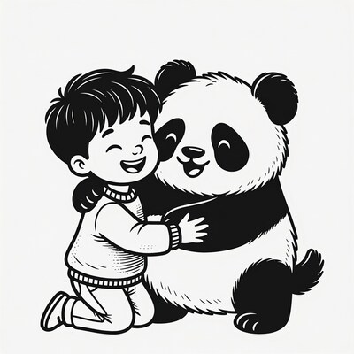 Boy hugging cute panda illustration