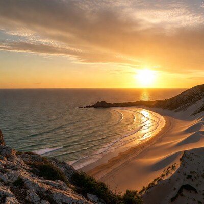 Sunset over sandy beach and ocean
