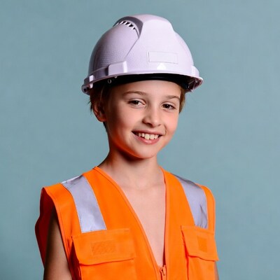 Boy wearing hard hat and safety vest