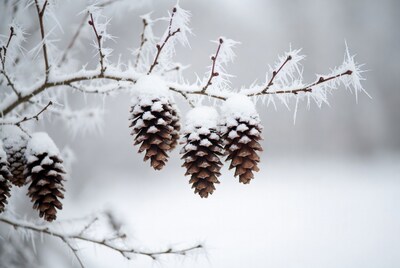 Snowy pine cones on frosty branch