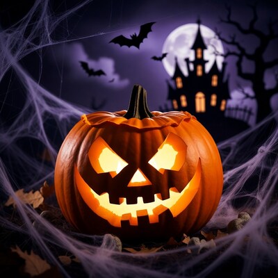 Jack-o-lantern with haunted castle background