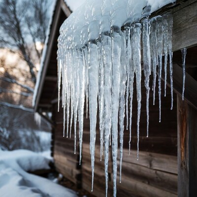 Icicles hanging from snowy wooden roof