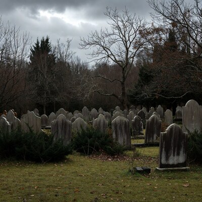 Old cemetery with tombstones and bare trees