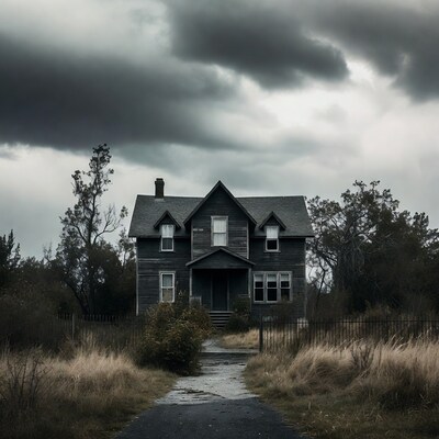 Abandoned house under stormy sky