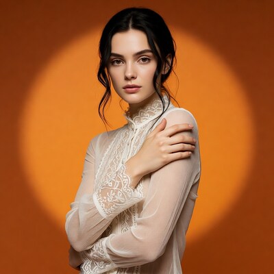 Woman in lace blouse on orange background