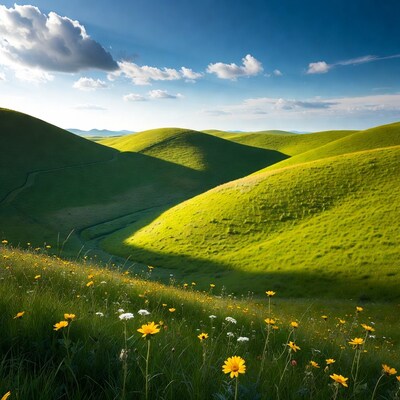 Rolling Green Hills with Wildflowers