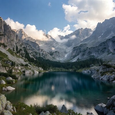 Alpine lake surrounded by mountains