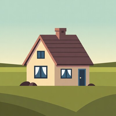 Cartoon house in green field